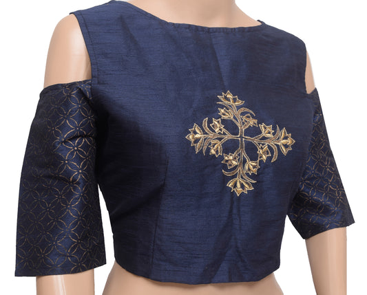 Sushila Vintage Stitched Sari Blouse Party Cold Shoulder Sleeves Blue To 38"