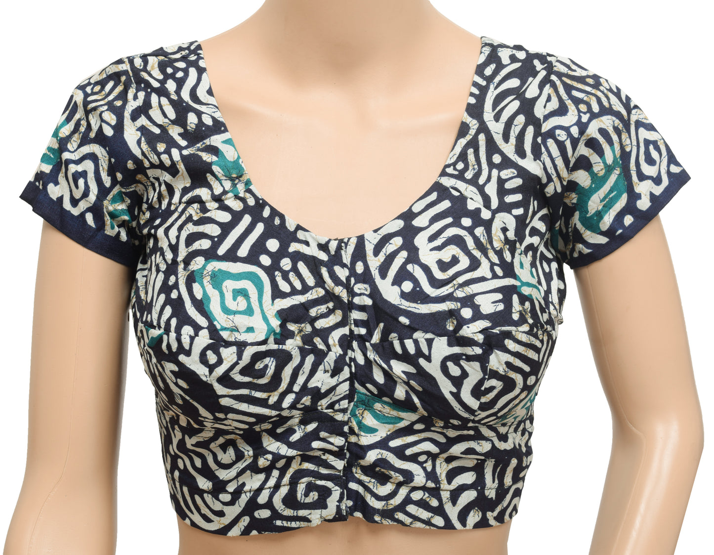 Sushila Vintage Dark Blue Readymade Stitched Sari Blouse Printed Silk Choli 32"Top