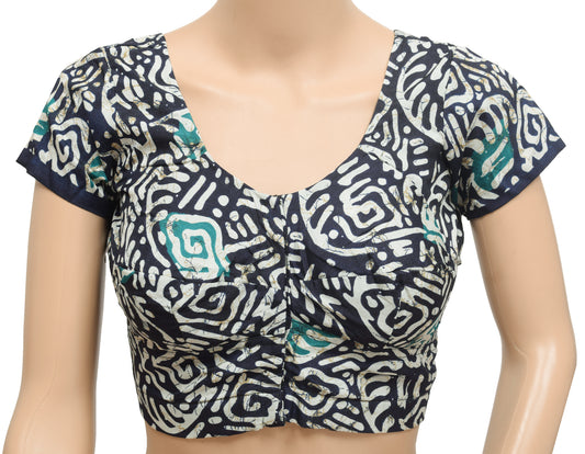 Sushila Vintage Dark Blue Readymade Stitched Sari Blouse Printed Silk Choli 32"Top