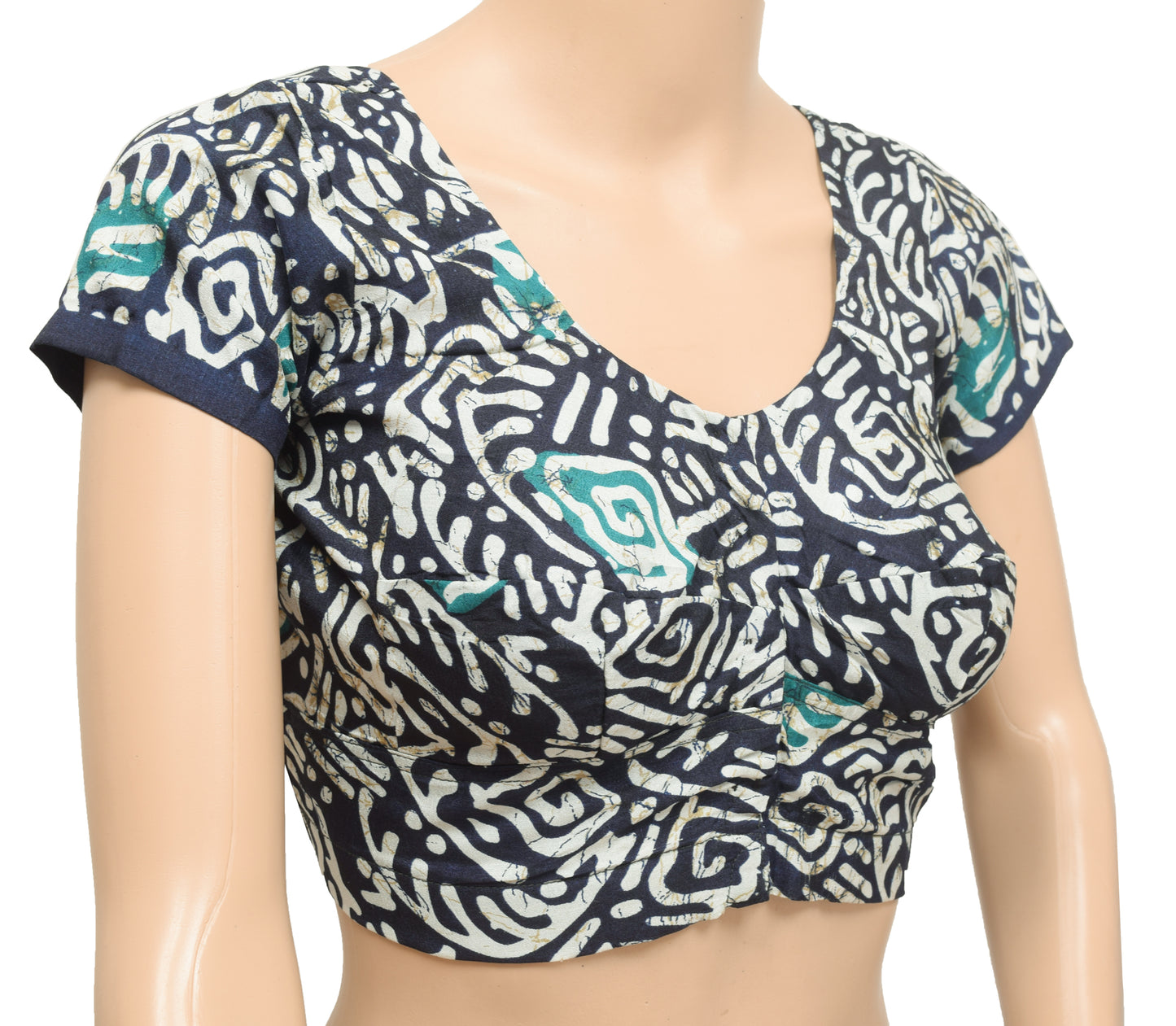 Sushila Vintage Dark Blue Readymade Stitched Sari Blouse Printed Silk Choli 32"Top