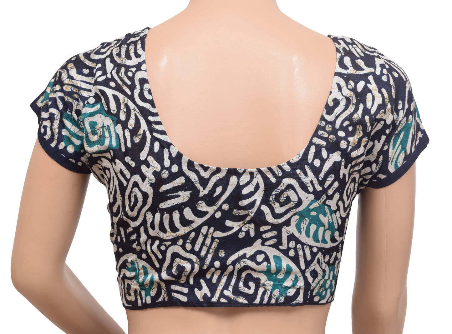 Sushila Vintage Dark Blue Readymade Stitched Sari Blouse Printed Silk Choli 32"Top