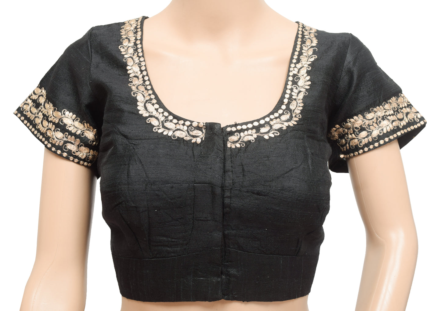 Sushila Vintage Black Embroidered Stitched Sari Blouse Designer Khadi Silk 36"Top