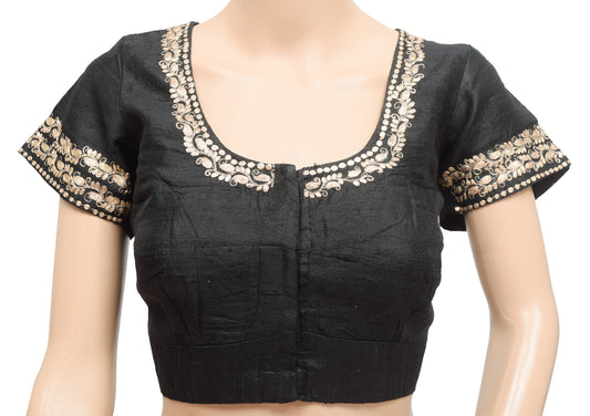 Sushila Vintage Black Embroidered Stitched Sari Blouse Designer Khadi Silk 36"Top