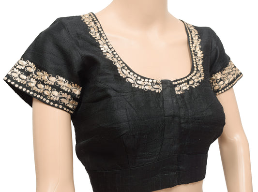 Sushila Vintage Black Embroidered Stitched Sari Blouse Designer Khadi Silk 36"Top