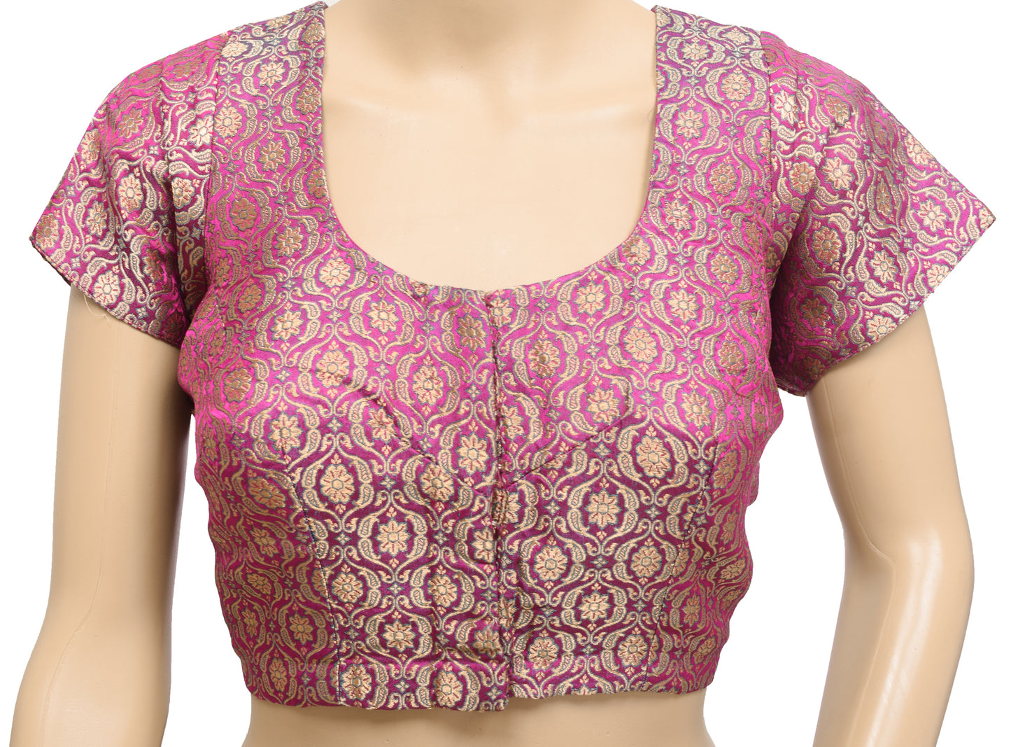 Sushila Vintage 38" Magenta Stitched Banarasi Satin Sari Blouse Zari Brocade Top