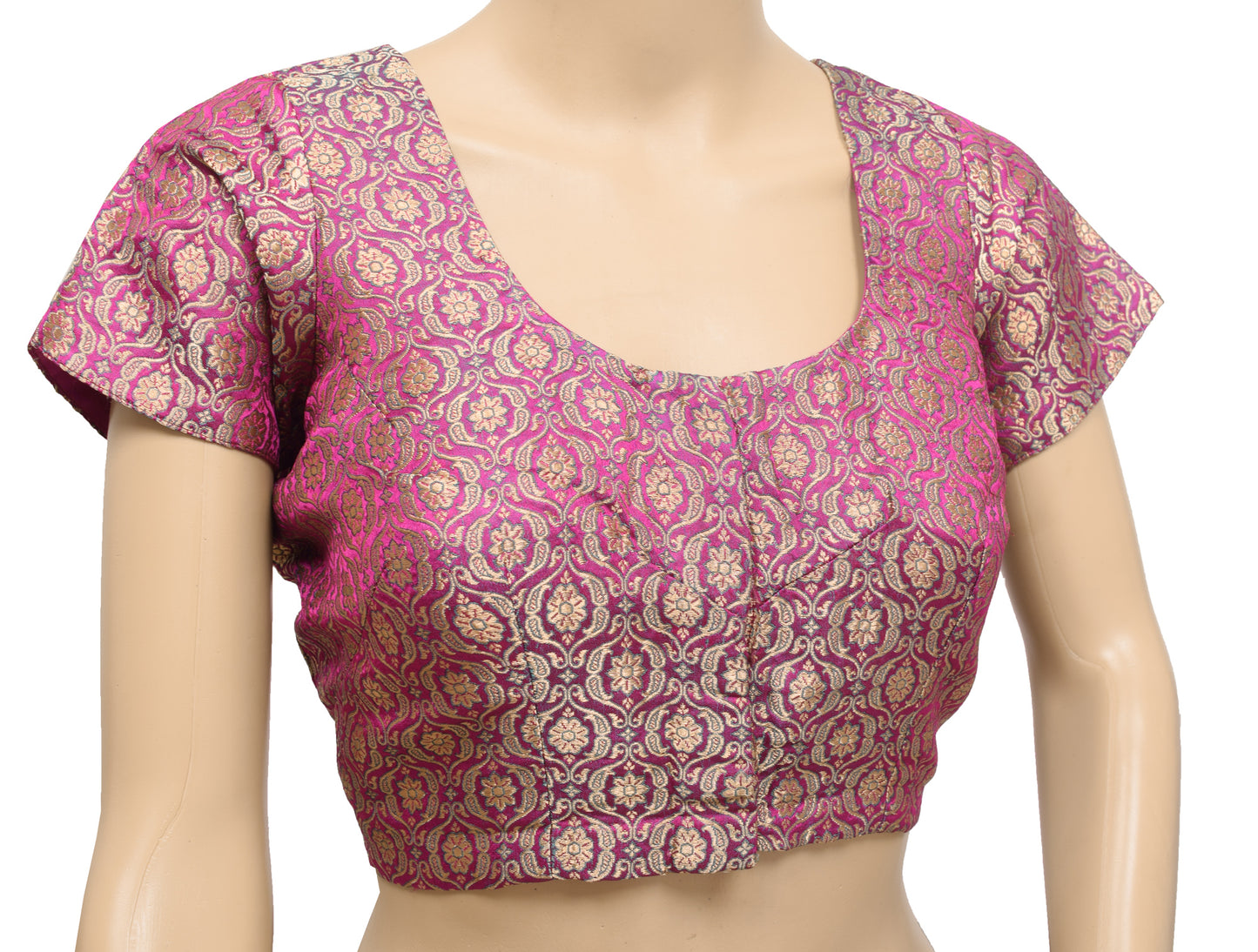 Sushila Vintage 38" Magenta Stitched Banarasi Satin Sari Blouse Zari Brocade Top