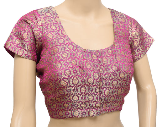 Sushila Vintage 38" Magenta Stitched Banarasi Satin Sari Blouse Zari Brocade Top