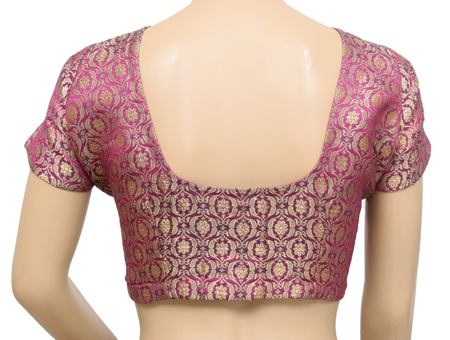 Sushila Vintage 38" Magenta Stitched Banarasi Satin Sari Blouse Zari Brocade Top
