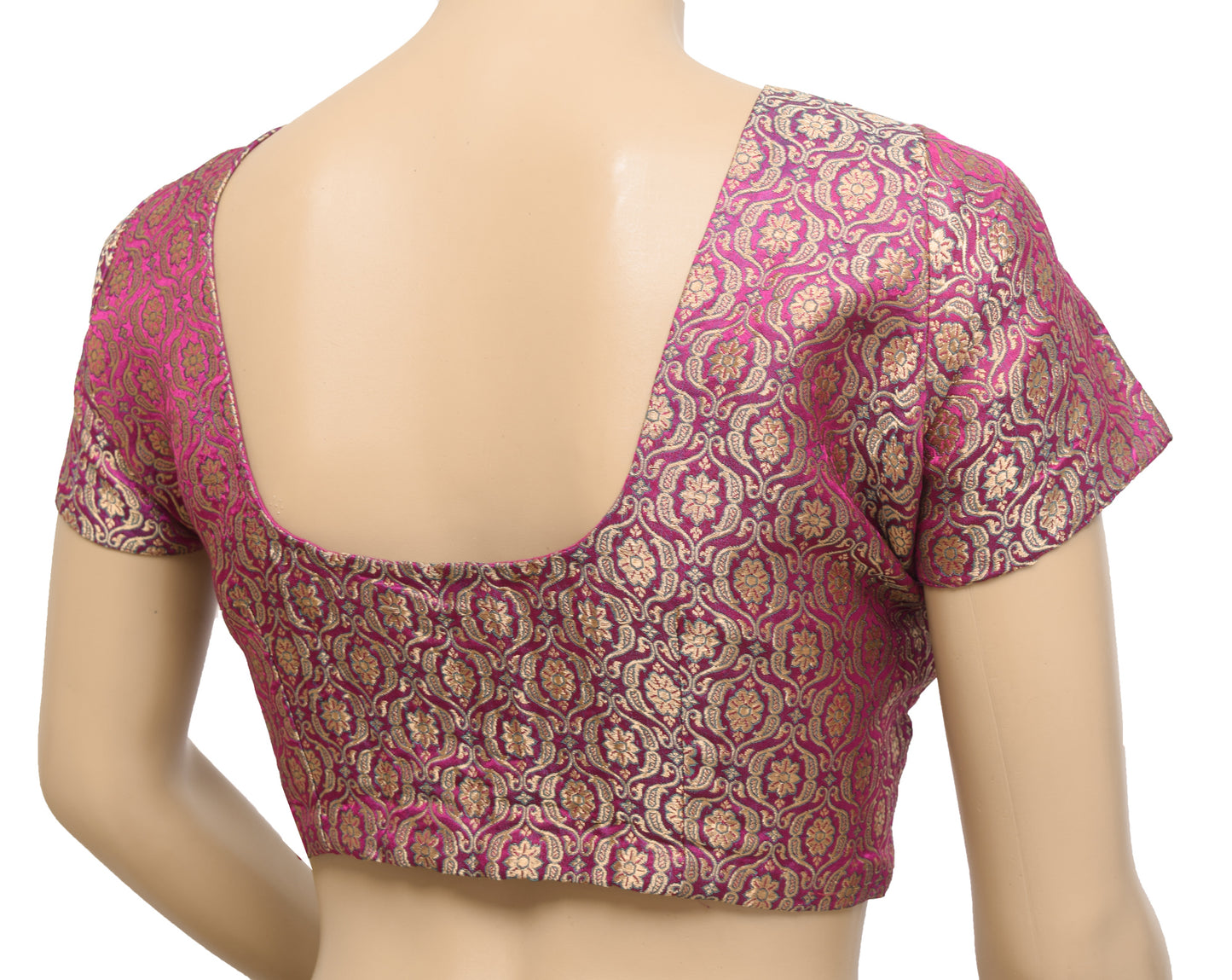 Sushila Vintage 38" Magenta Stitched Banarasi Satin Sari Blouse Zari Brocade Top