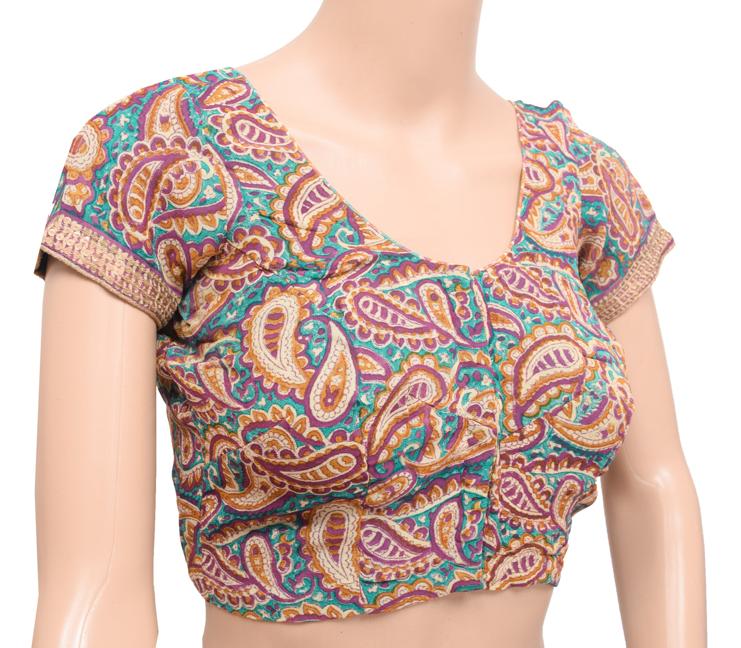 Sushila Vintage Paisley Print Readymade 30"Sari Blouse Georgette Silk Top
