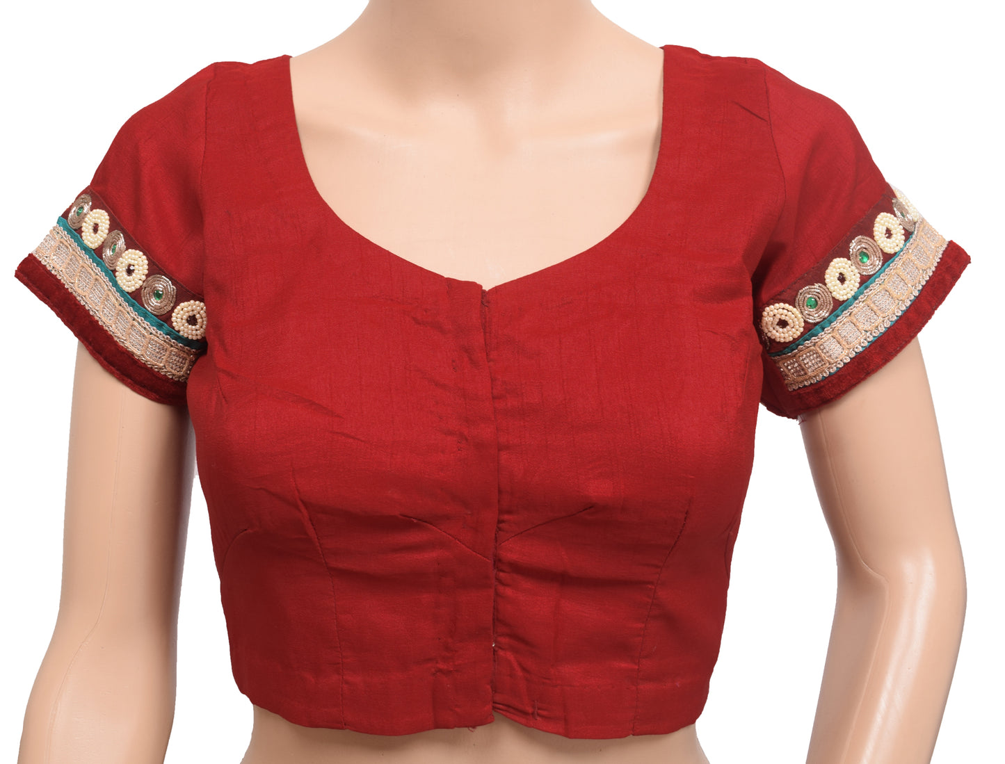 Sushila Vintage Readymade 34" Sari Blouse Red Patch Work Cotton Choli Top