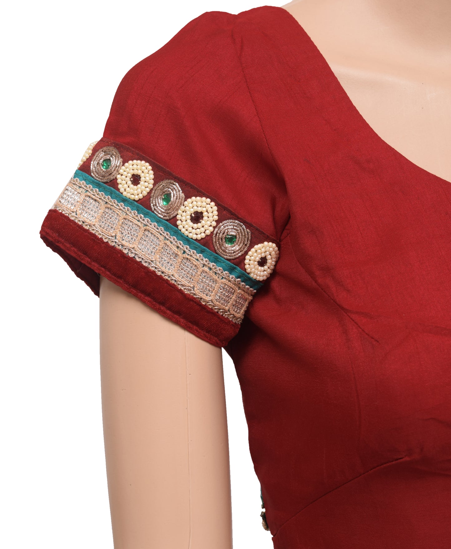 Sushila Vintage Readymade 34" Sari Blouse Red Patch Work Cotton Choli Top