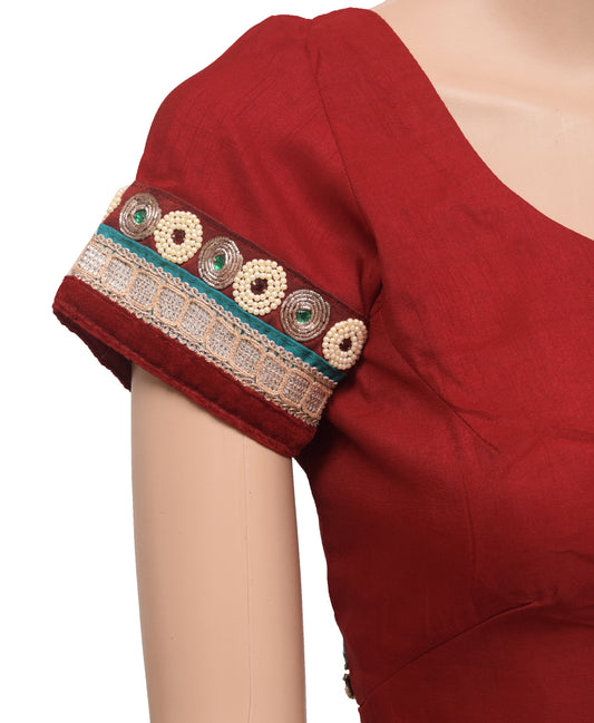 Sushila Vintage Readymade 34" Sari Blouse Red Patch Work Cotton Choli Top