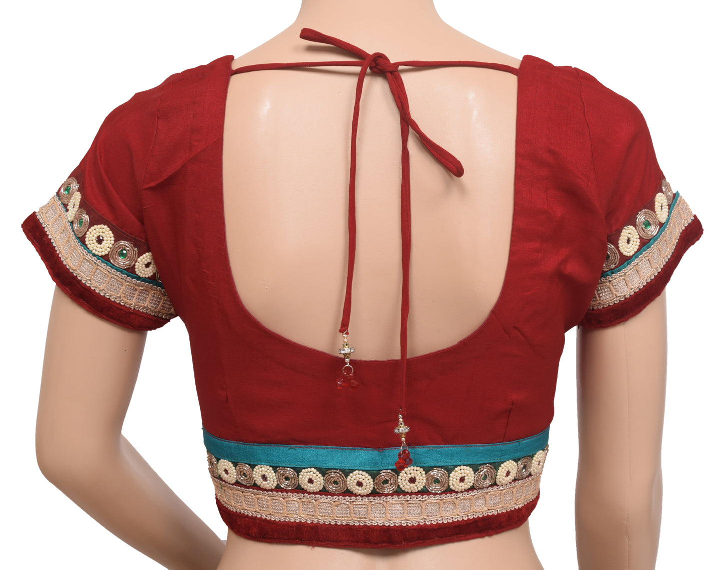 Sushila Vintage Readymade 34" Sari Blouse Red Patch Work Cotton Choli Top