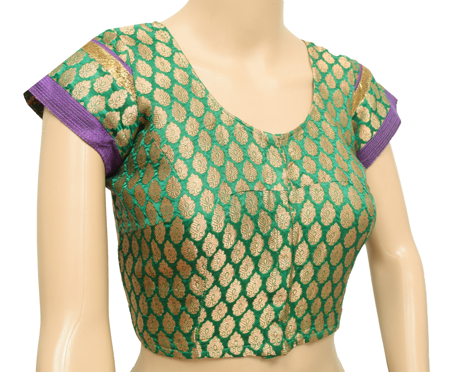 Sushila Vintage Stitched Sari Blouse Green Satin Silk Banarasi Zari Woven Choli 34"