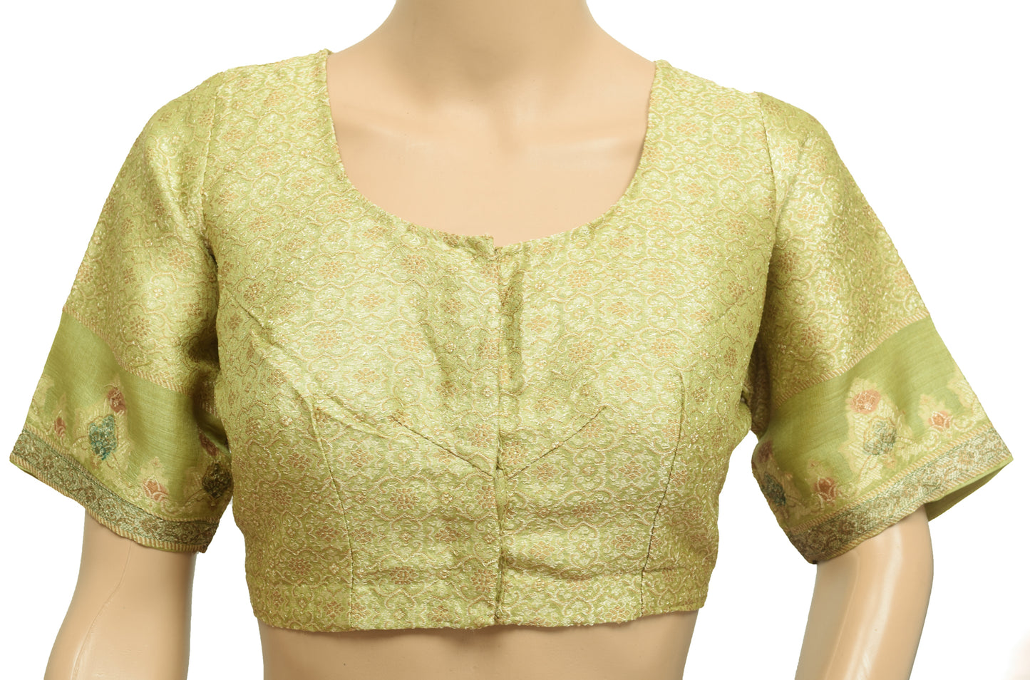 Sushila Vintage Green Stitched Sari Blouse Pure Silk Woven Floral Designer 40"Choli