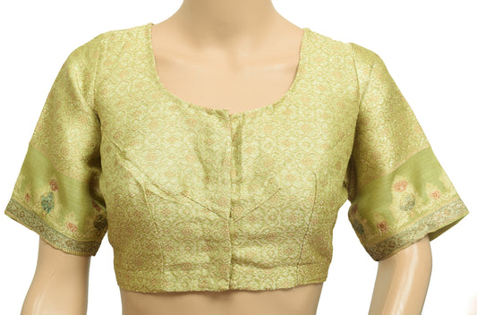 Sushila Vintage Green Stitched Sari Blouse Pure Silk Woven Floral Designer 40"Choli