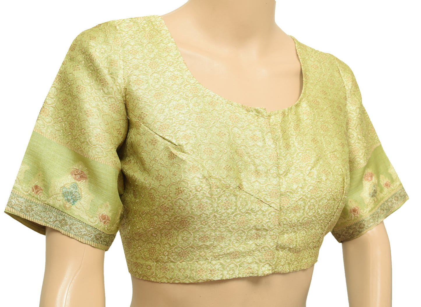 Sushila Vintage Green Stitched Sari Blouse Pure Silk Woven Floral Designer 40"Choli