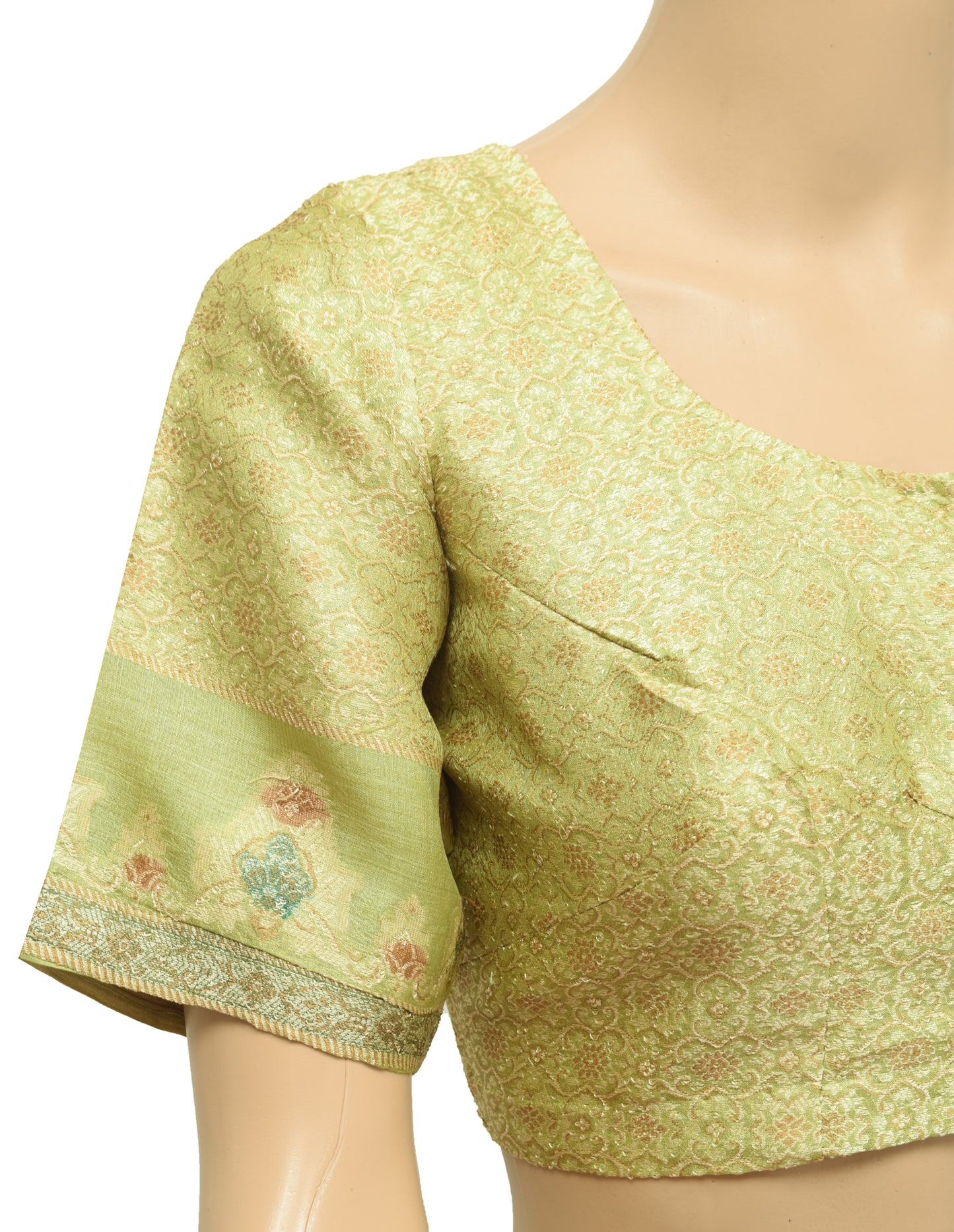 Sushila Vintage Green Stitched Sari Blouse Pure Silk Woven Floral Designer 40"Choli