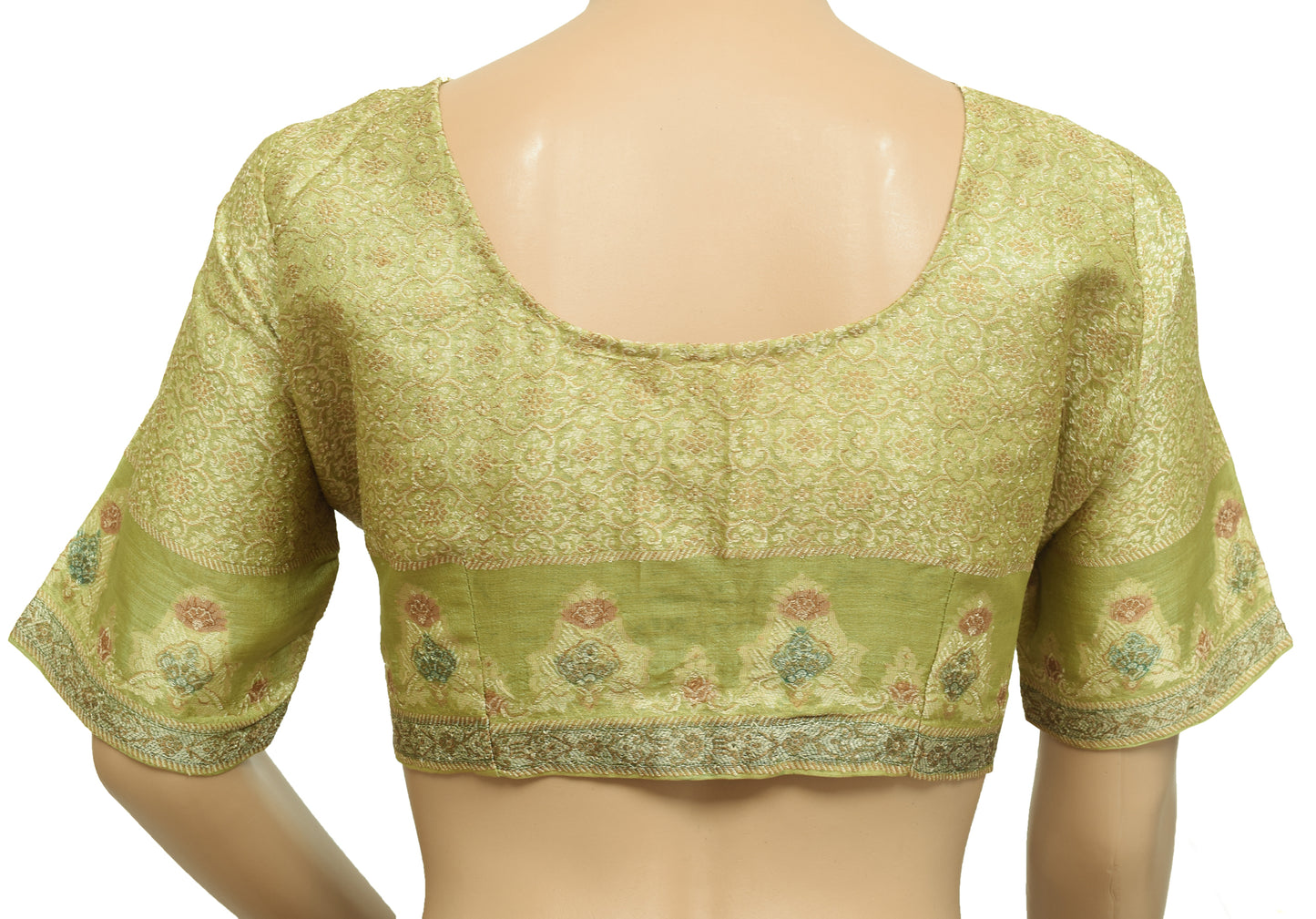 Sushila Vintage Green Stitched Sari Blouse Pure Silk Woven Floral Designer 40"Choli