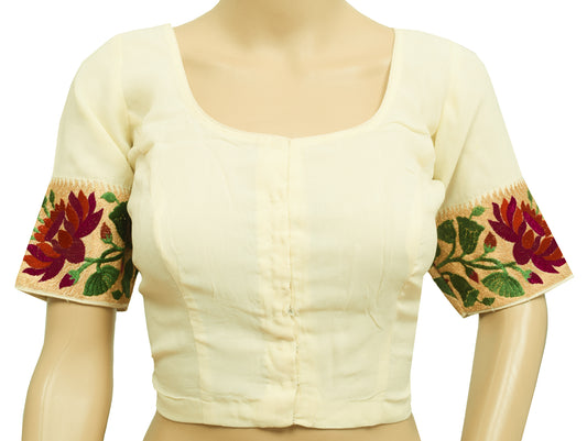 Sushila Vintage Cream Readymade 34"Sari Blouse Georgette Patch Work Top