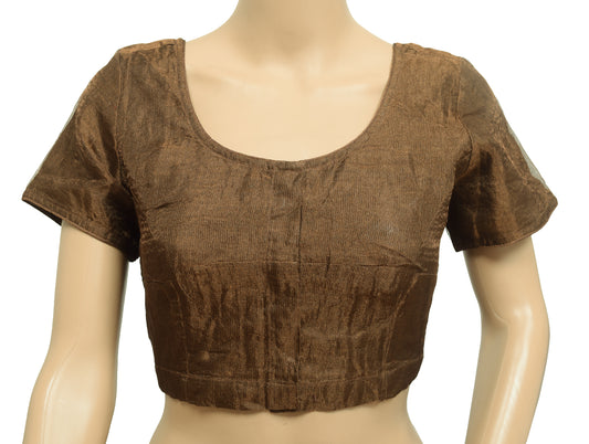 Sushila Vintage Brown & Gold Stitched Sari Blouse Tissue Woven Designer 32"Choli