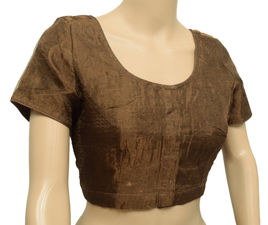 Sushila Vintage Brown & Gold Stitched Sari Blouse Tissue Woven Designer 32"Choli