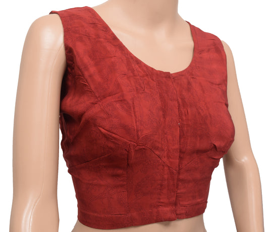 Sushila Vintage Readymade 38" Sari Blouse Maroon Crepe Silk Sleeveless Top