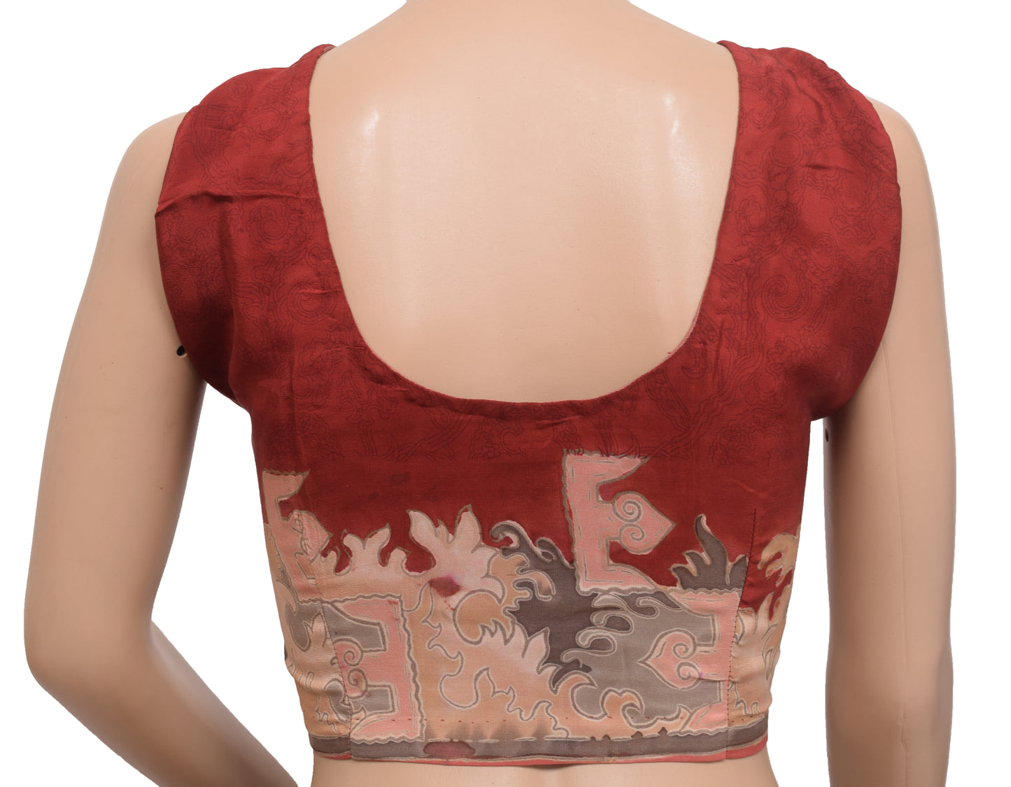 Sushila Vintage Readymade 38" Sari Blouse Maroon Crepe Silk Sleeveless Top