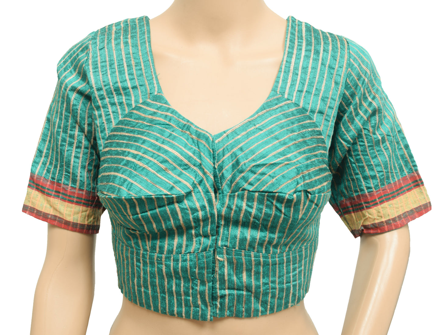 Sushila Vintage Aqua Green Stitched Sari Blouse 36"Stripes Woven Designer Silk Top