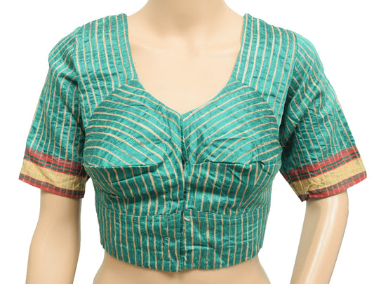 Sushila Vintage Aqua Green Stitched Sari Blouse 36"Stripes Woven Designer Silk Top