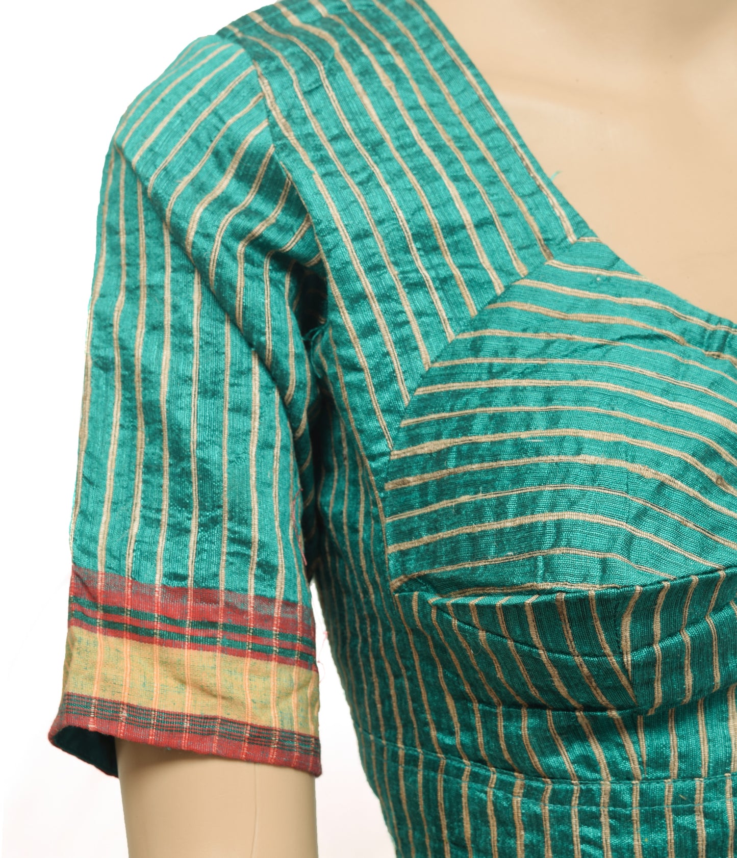 Sushila Vintage Aqua Green Stitched Sari Blouse 36"Stripes Woven Designer Silk Top