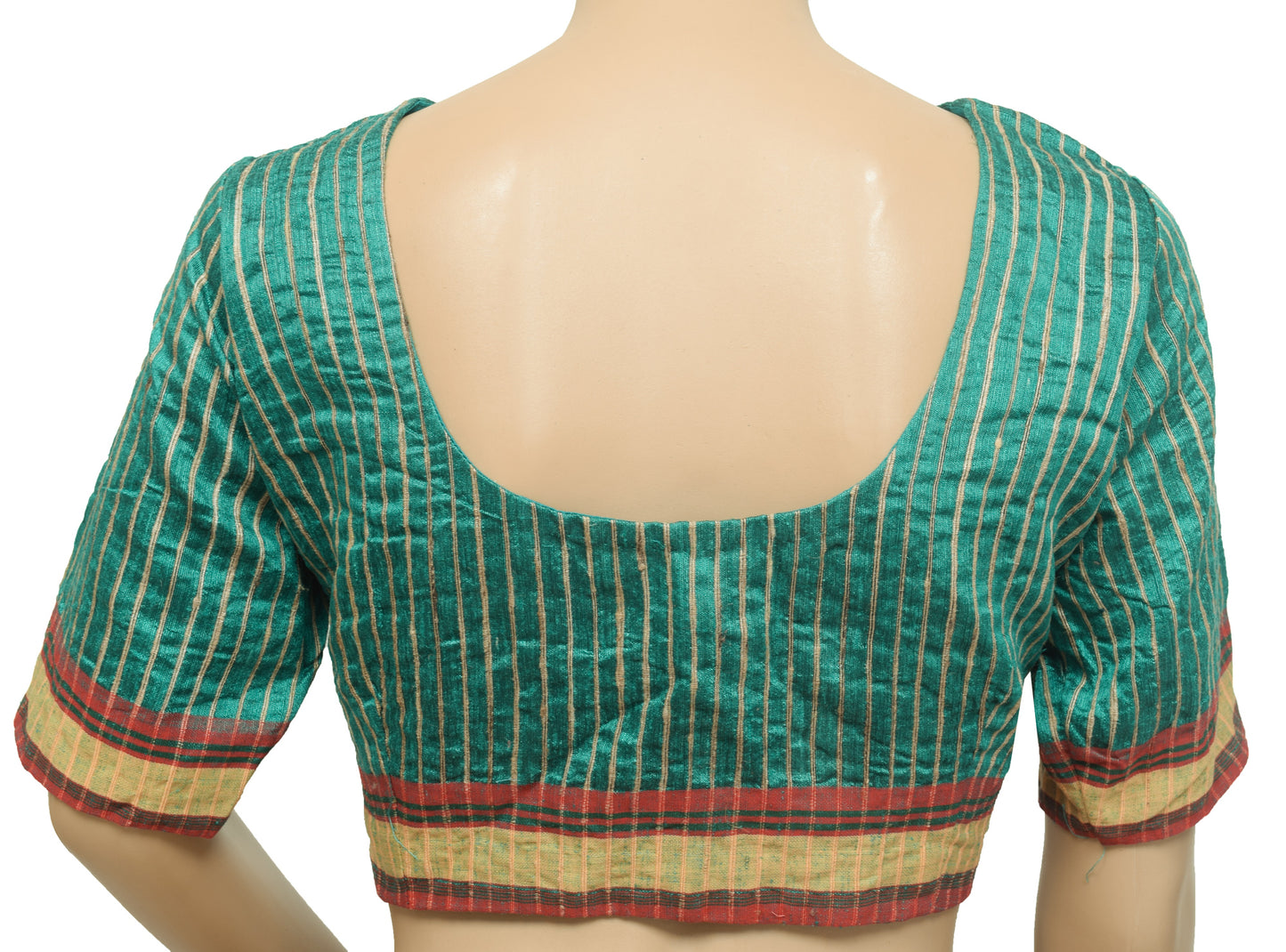 Sushila Vintage Aqua Green Stitched Sari Blouse 36"Stripes Woven Designer Silk Top