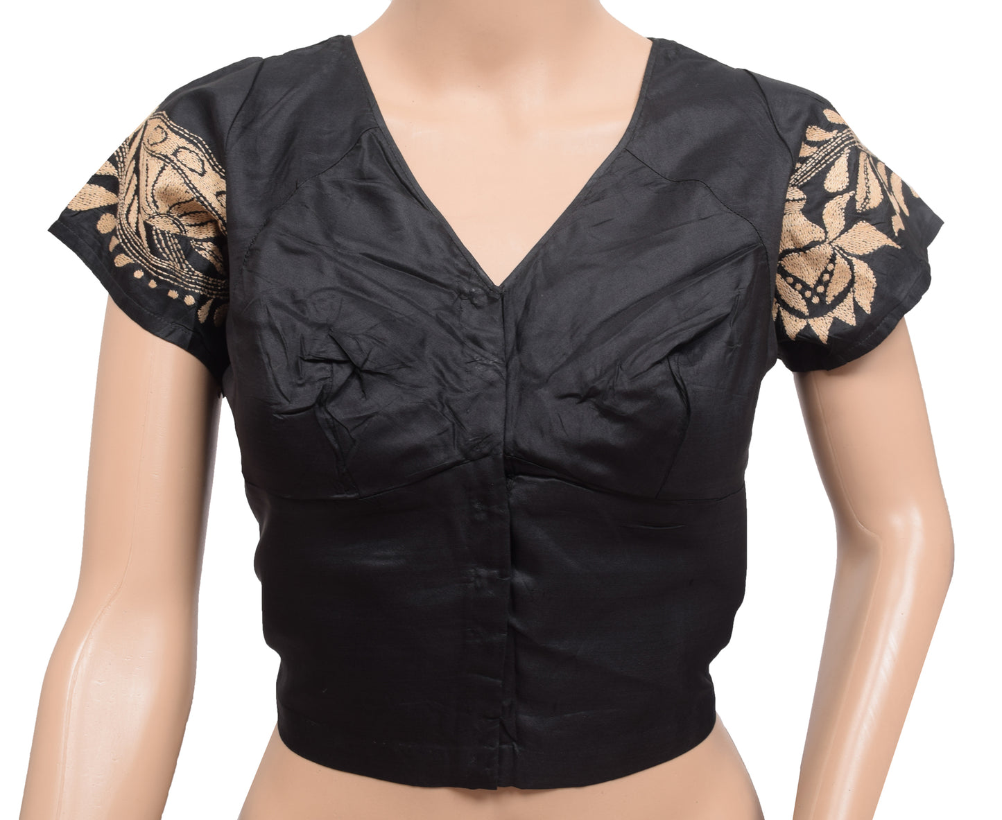 Sushila Vintage Black Stitched Sari Blouse Hand Embroidered Kantha Floral 40" Choli