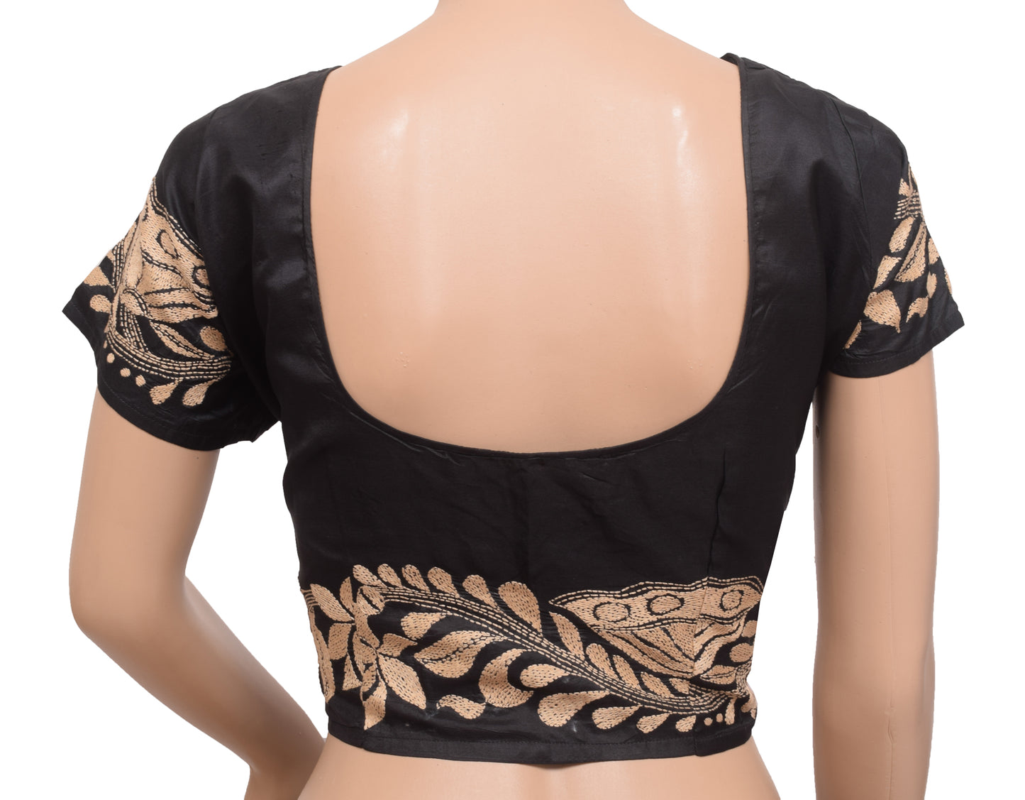Sushila Vintage Black Stitched Sari Blouse Hand Embroidered Kantha Floral 40" Choli