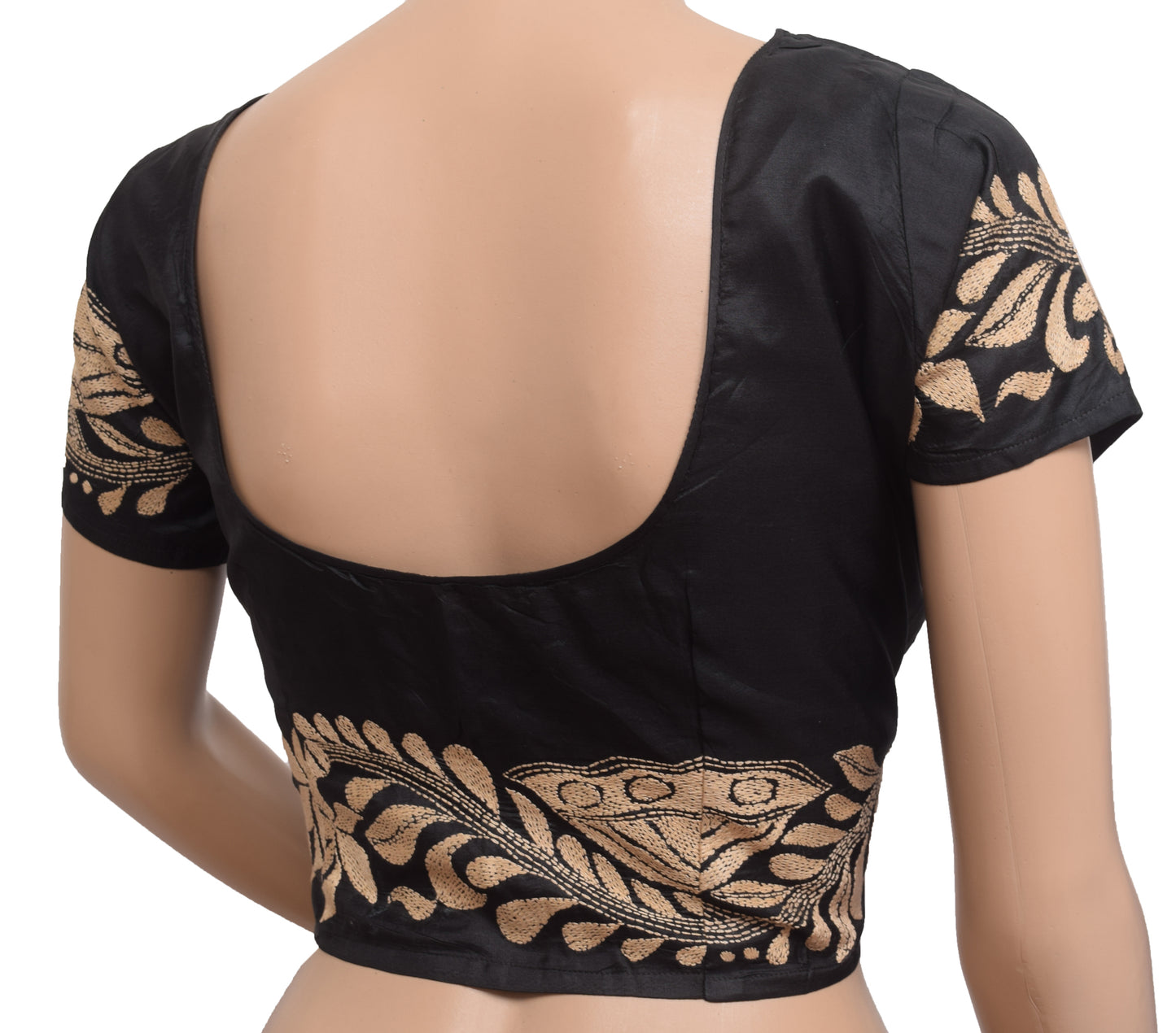 Sushila Vintage Black Stitched Sari Blouse Hand Embroidered Kantha Floral 40" Choli