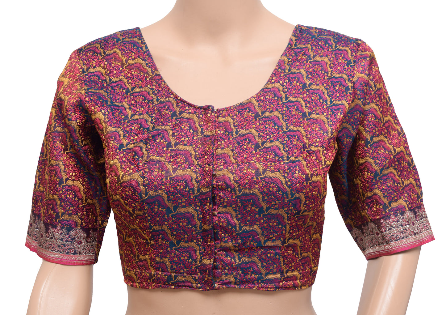 Sushila Vintage Blue Satin Silk Stitched Sari Blouse 32" Woven Designer Banarasi Top