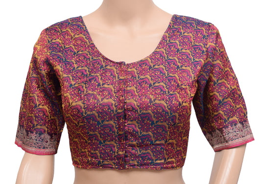 Sushila Vintage Blue Satin Silk Stitched Sari Blouse 32" Woven Designer Banarasi Top