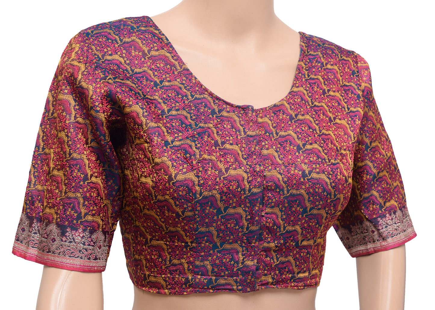 Sushila Vintage Blue Satin Silk Stitched Sari Blouse 32" Woven Designer Banarasi Top