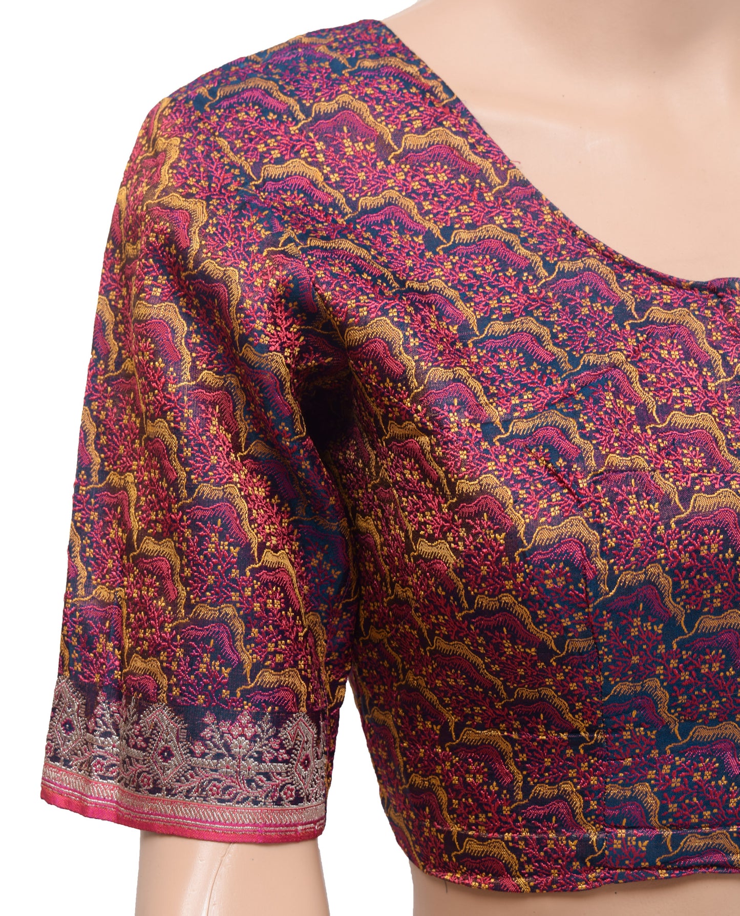 Sushila Vintage Blue Satin Silk Stitched Sari Blouse 32" Woven Designer Banarasi Top