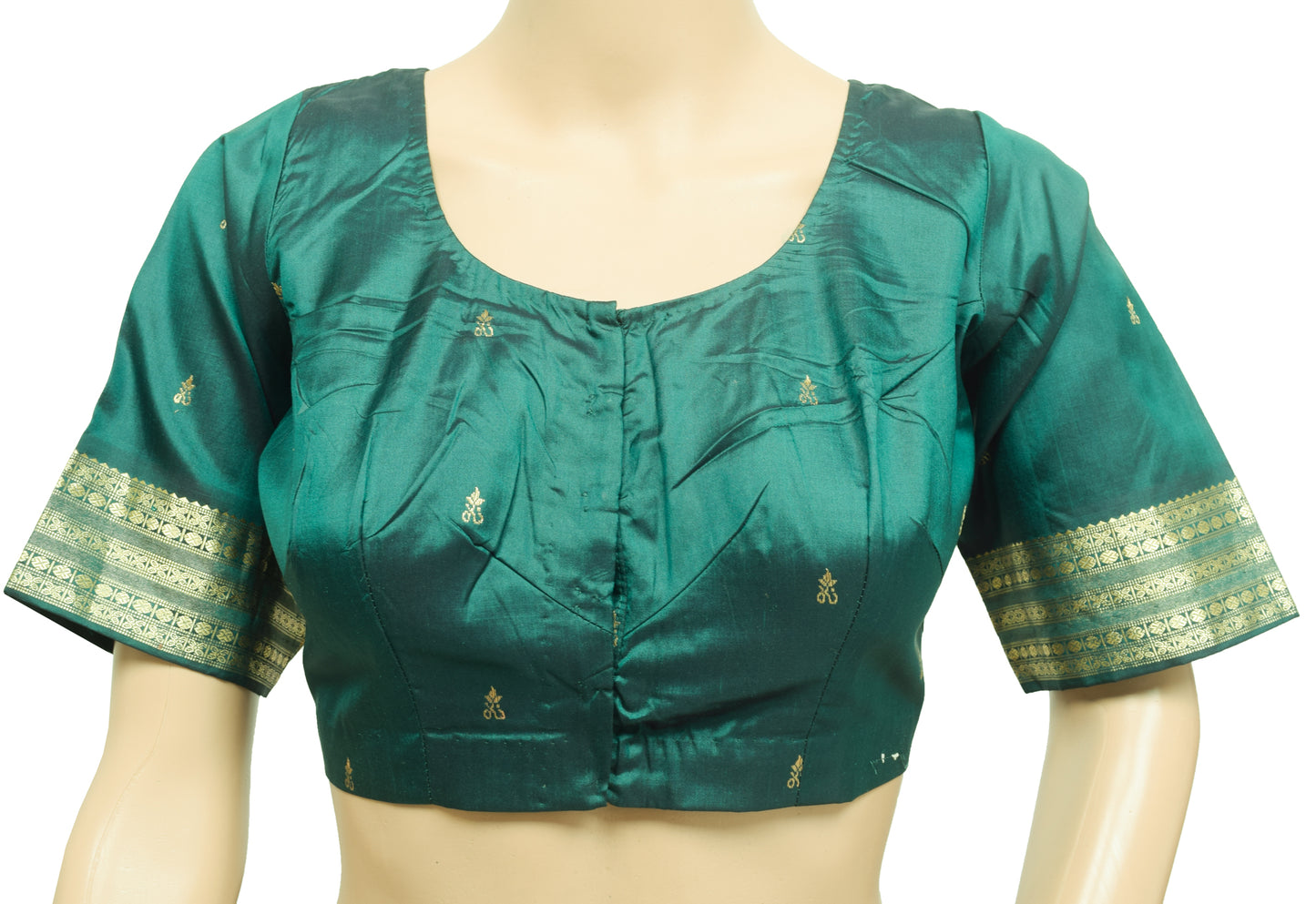 Sushila Vintage Readymade 38" Sari Blouse Bottle Green Pure Silk Woven Top