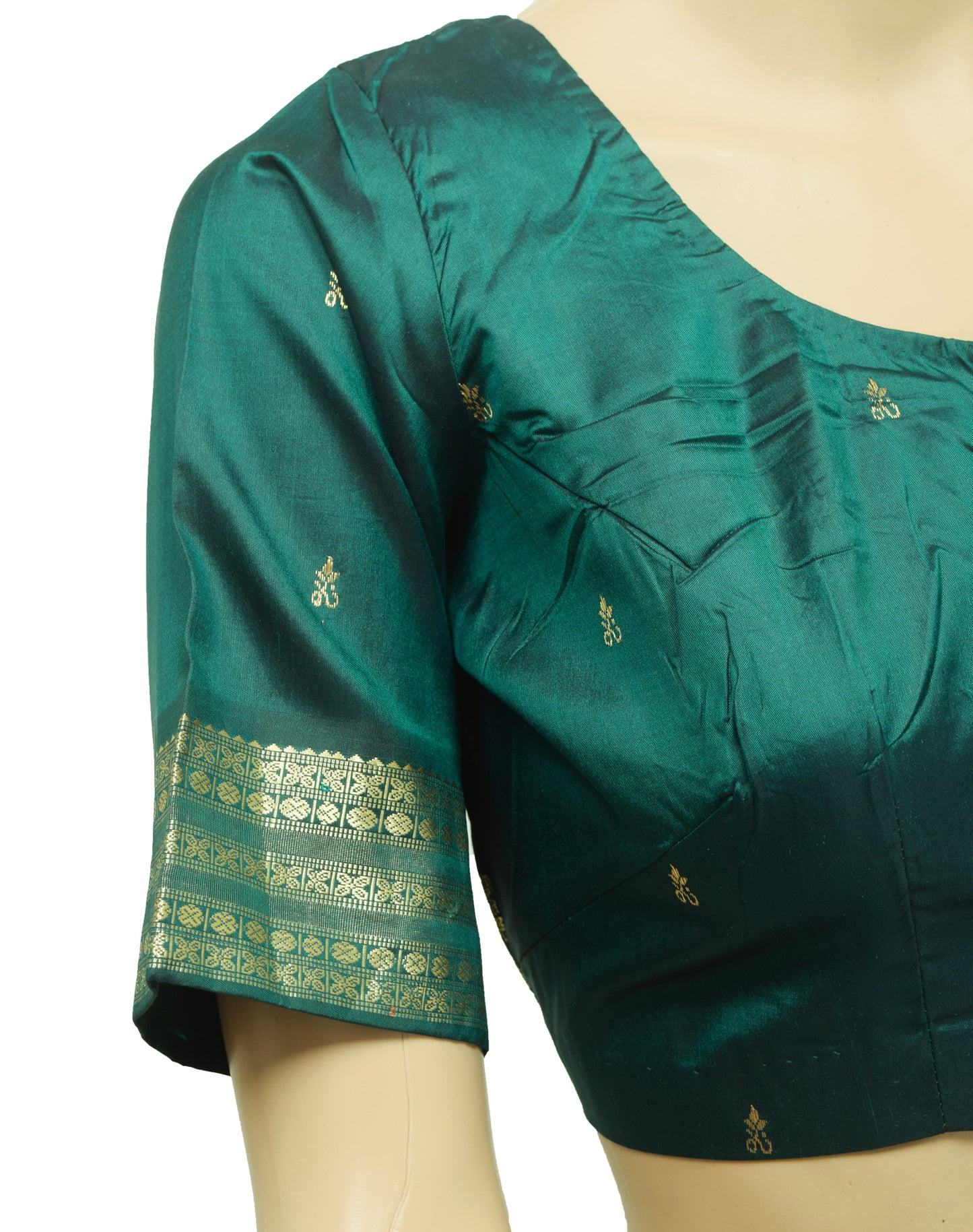 Sushila Vintage Readymade 38" Sari Blouse Bottle Green Pure Silk Woven Top