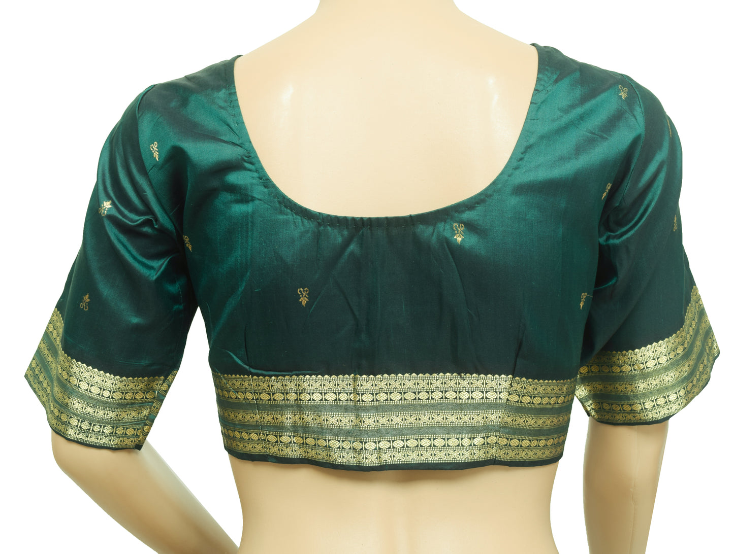 Sushila Vintage Readymade 38" Sari Blouse Bottle Green Pure Silk Woven Top
