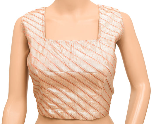 Sushila Vintage Stitched Sleeveless Sari Blouse Stripe Woven Designer Tissue 38"Top