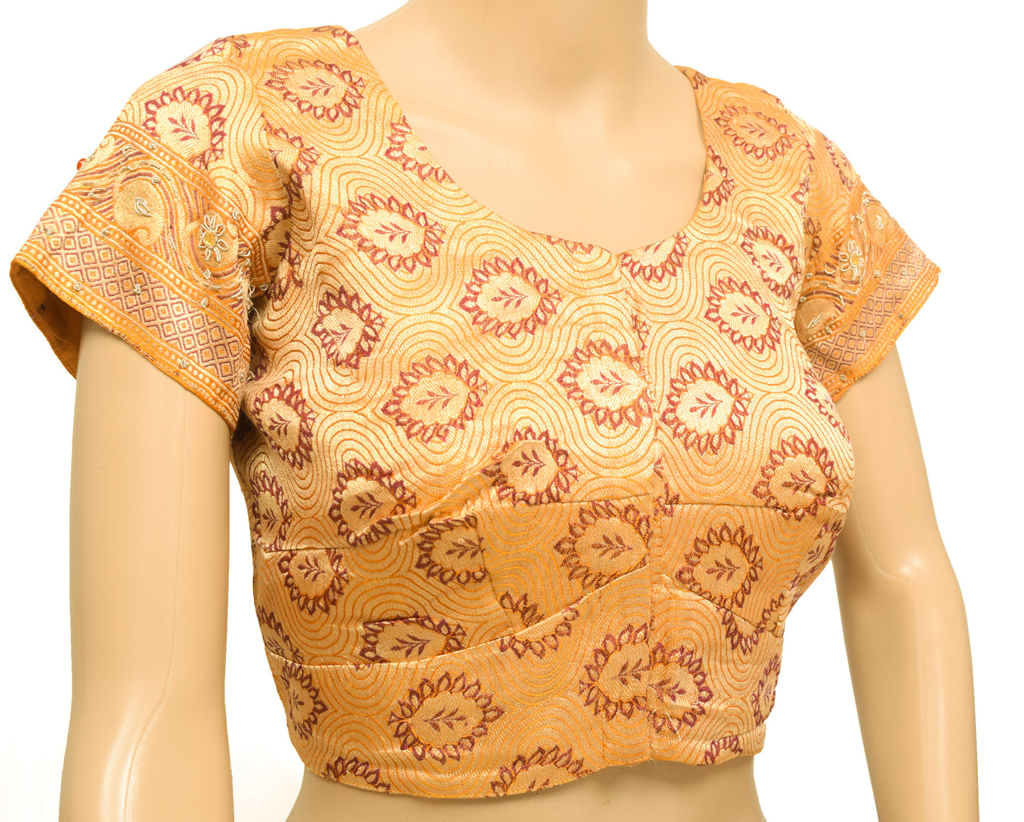 Sushila Vintage Stitched Mustard Banarasi Sari Blouse Floral Woven Satin 36"Choli