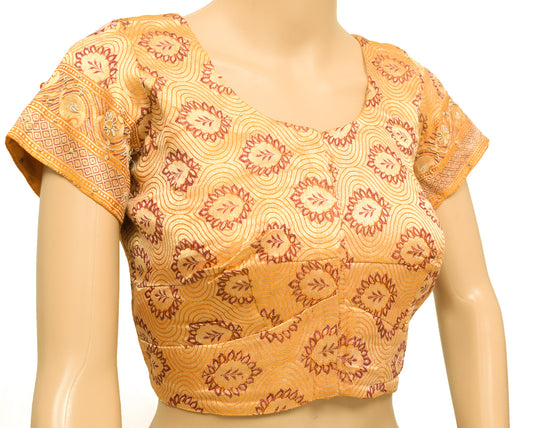 Sushila Vintage Stitched Mustard Banarasi Sari Blouse Floral Woven Satin 36"Choli