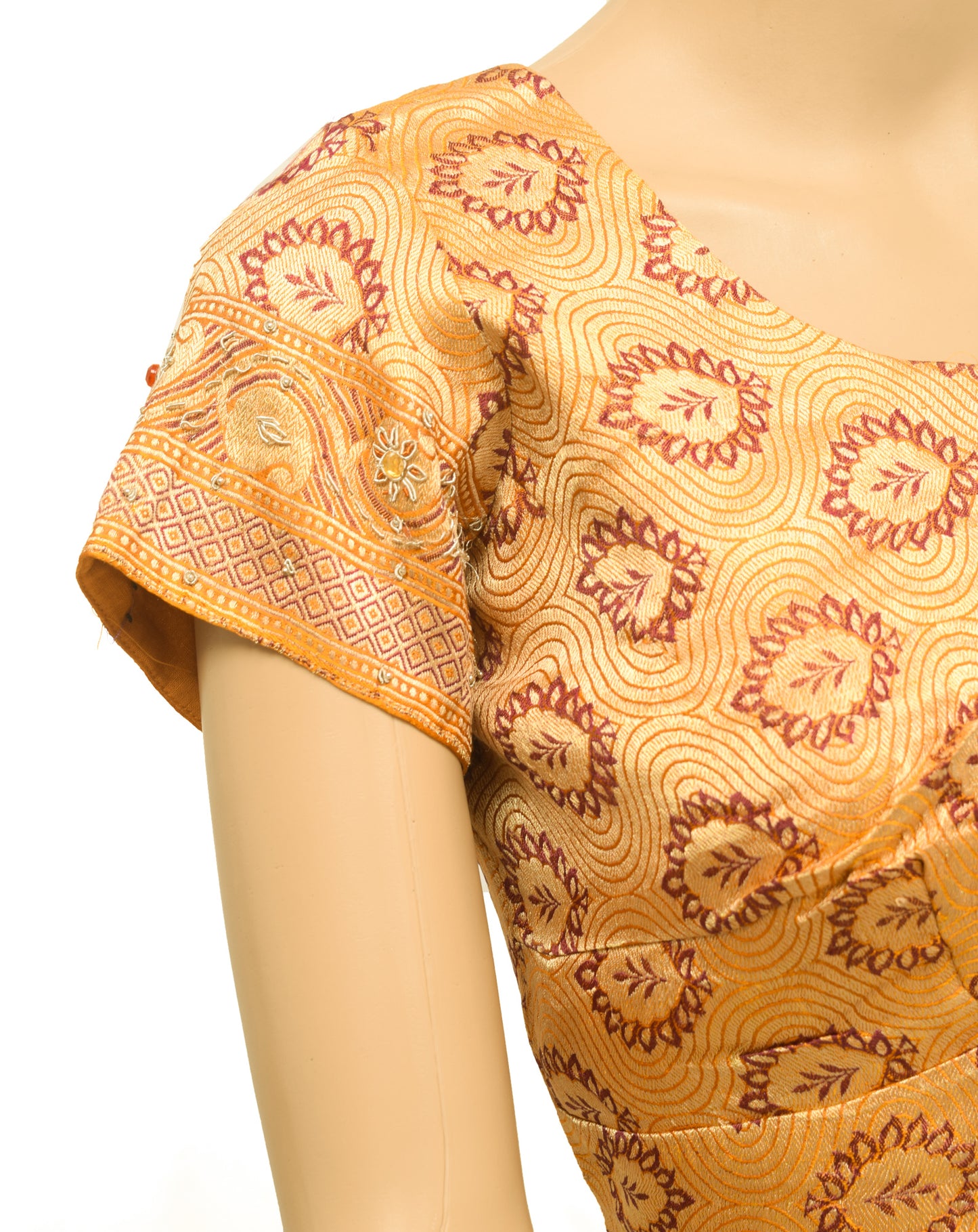 Sushila Vintage Stitched Mustard Banarasi Sari Blouse Floral Woven Satin 36"Choli