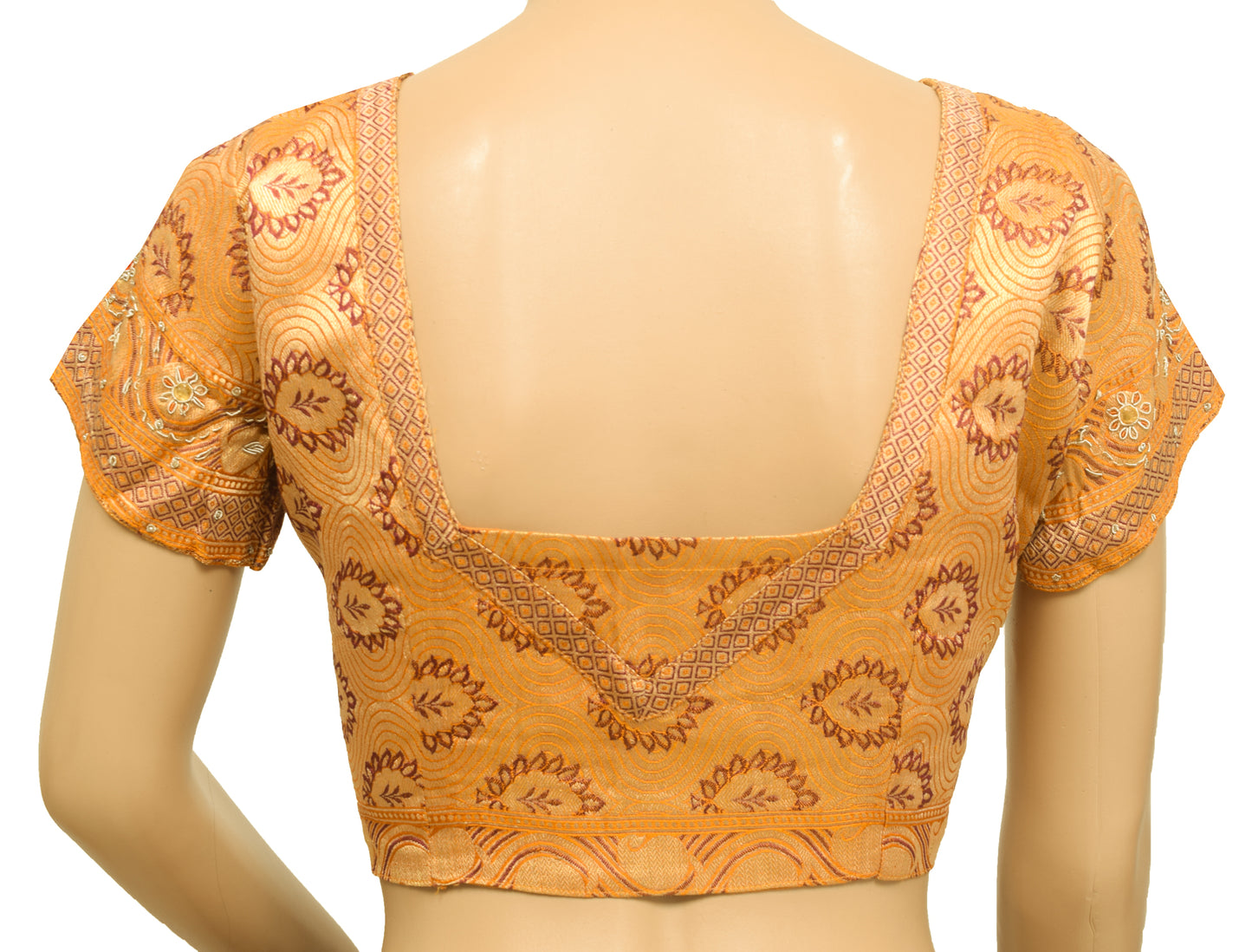 Sushila Vintage Stitched Mustard Banarasi Sari Blouse Floral Woven Satin 36"Choli