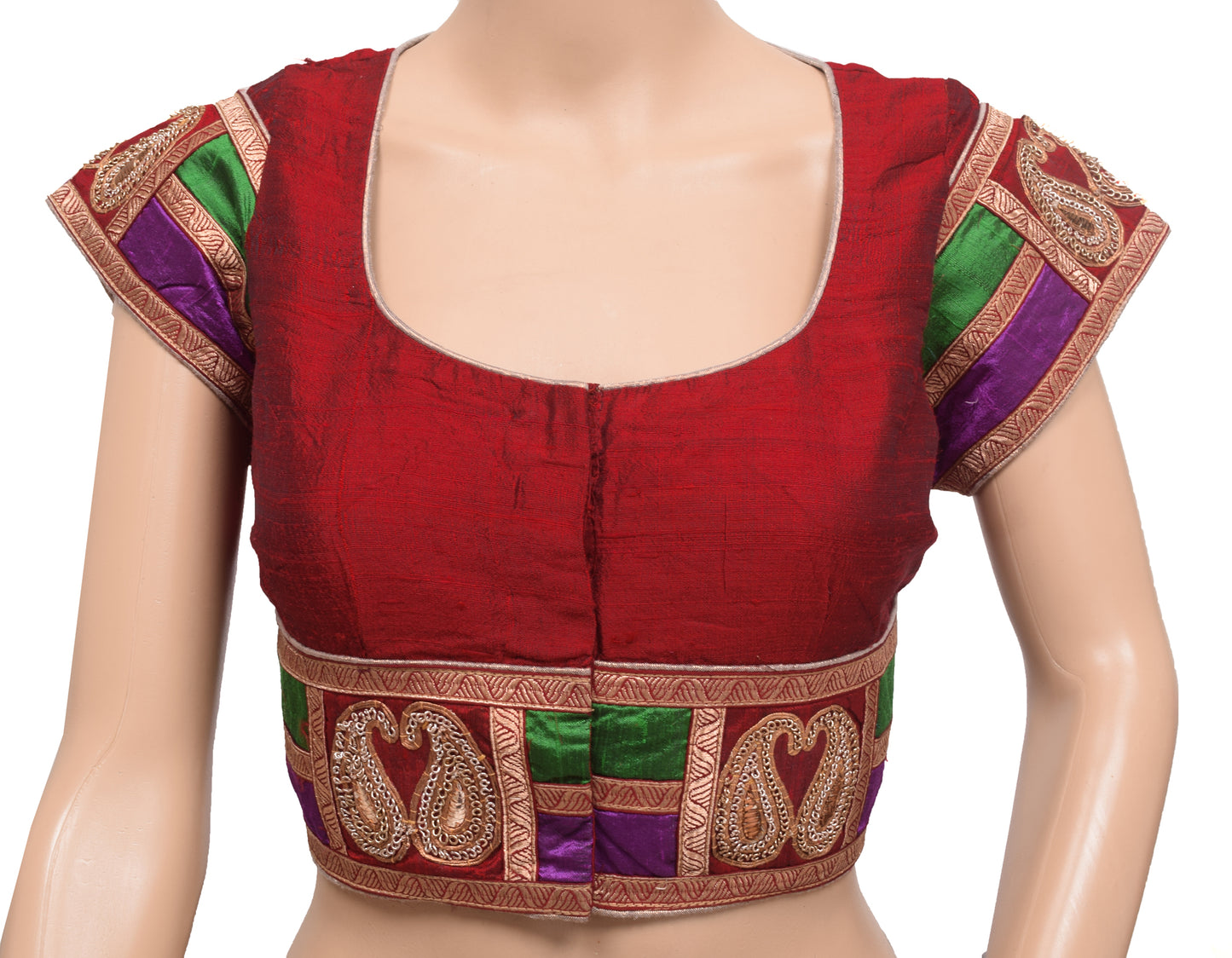 Sushila Vintage Readymade 38"Silk Sari Blouse Maroon Patch Work Top Choli