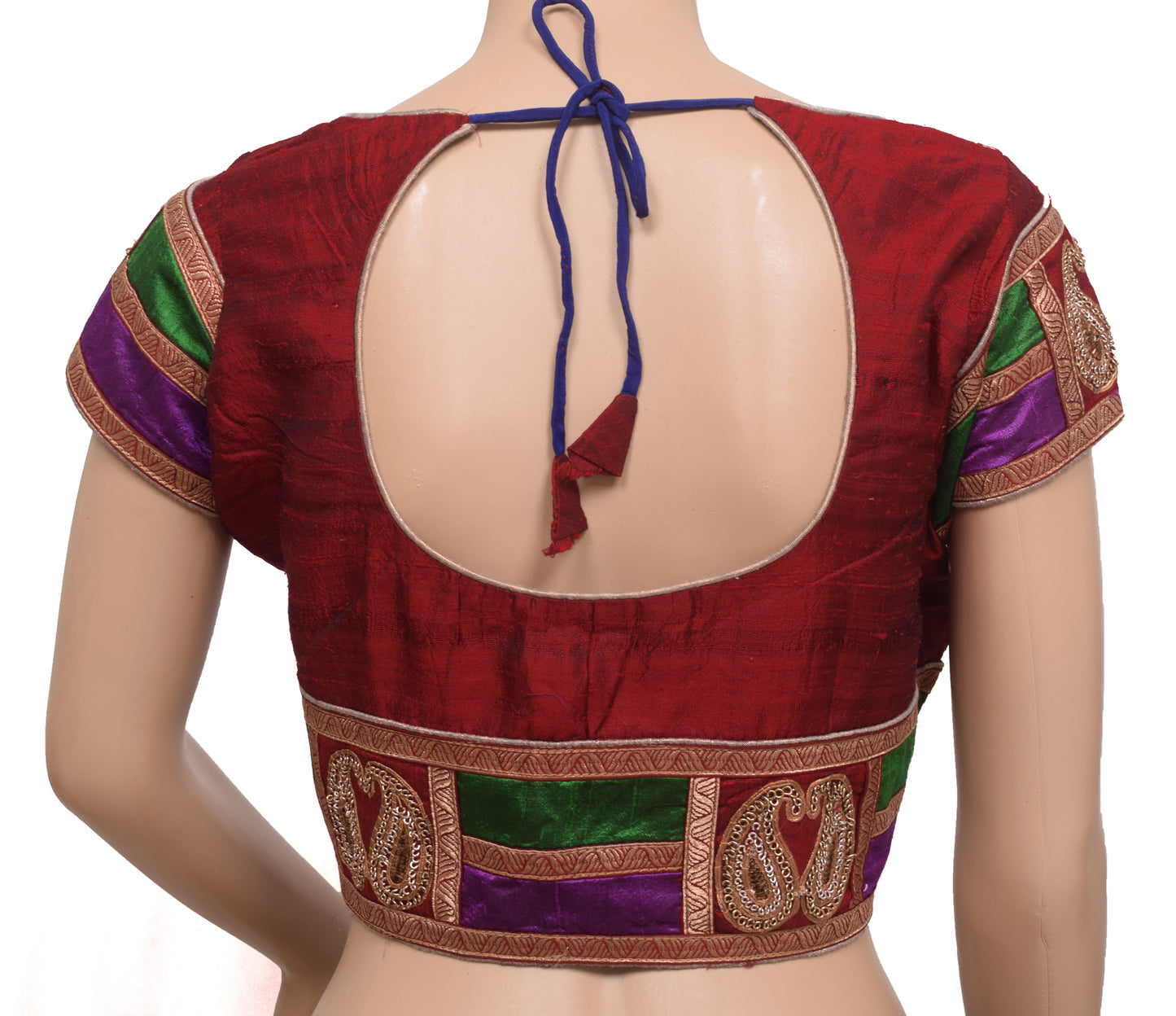 Sushila Vintage Readymade 38"Silk Sari Blouse Maroon Patch Work Top Choli